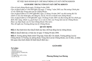 Quyết định  16/QĐ-TTLK  quy chế hoạt động lưu ký chứng khoán