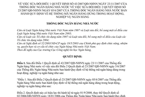 Quyết định  08/2008/QĐ-NHNN Quy định hệ thống mã ngân hàng sửa đổi Điều 1 QĐ 43/2007/QĐ-NHNN và điều 2 QĐ 23/2007/QĐ-NHNN