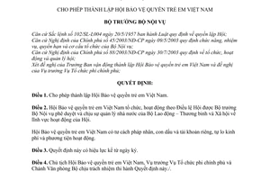 Quyết định 464/QĐ-BNV  cho phép thành lập Hội Bảo vệ quyền trẻ em Việt Nam