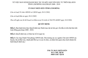 Quyết định 866/QĐ-UBND năm 2008 ban hành Danh mục dự án kêu gọi vốn đầu tư trên địa bàn Lâm Đồng 2008 - 2010