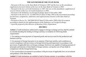 Decision No. 09/2008/QD-NHNN of April 10, 2008, on the lending in foreign currency by credit institutions to borrowers being residents.