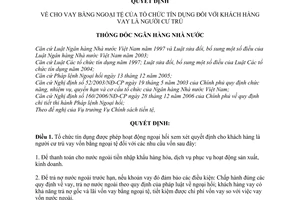 Quyết định  09/2008/QĐ-NHNN  cho vay bằng ngoại tệ của tổ chức tín dụng đối với khách hàng vay là người cư trú