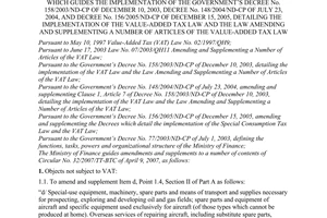 Circular No.30/2008/TT-BTC of April 16, 2008 amending and supplementing Circular No. 32/2007/TT-BTC of April 9, 2007, which guides the implementation of The Government’s Decree No. 158/2003/ND-CP of December 10, 2003, Decree No. 148/2004/ND-CP of July 23, 2004, and Decree No. 156/2005/ND-CP of December 15, 2005, detailing the implementation of The Value-Added Tax Law and the law amending and supplementing a number of articles of The Value-Added Tax Law
