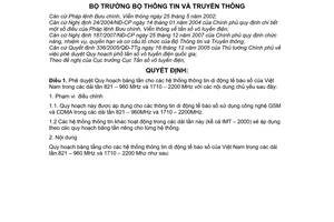 Quyết định 25/2008/QĐ-BTTTT phê duyệt Quy hoạch băng tần cho hệ thống TTDĐ tế bào số của Việt Nam trong các dải tần  821 – 960 MHz và 1710 – 2200MHz