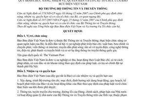 Quyết định  22/2008/QĐ-BTTTT  quy định chức năng, nhiệm vụ, quyền hạn và cơ cấu tổ chức của Báo Bưu điện Việt Nam