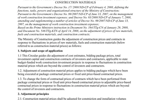 Circular No. 09/2008/TT-BXD of April 17, 2008, guiding the adjustment of construction prices and contracts in response to fluctuations in prices of raw materials, fuels and construction materials.