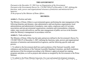 Decree No. 48/2008/ND-CP of April 17, 2008, defining the functions, tasks, powers and organizational structure of the Ministry of Home Affairs.