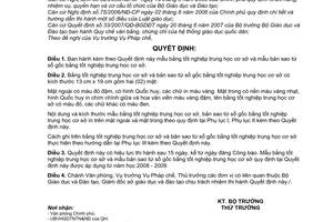 Quyết định  17/2008/QĐ-BGDĐT mẫu bằng tốt nghiệp trung học cơ sở và mẫu bản sao từ sổ gốc bằng tốt nghiệp trung học cơ sở