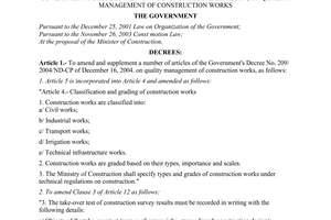 Decree No. 49/2008/ND-CP of April 18, 2008, amending and supplementing a number of articles of the Government's Decree No. 209/2004/ND-CP of December 16, 2004, on quality management of construction works.