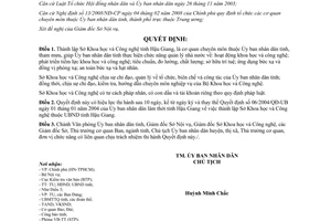 Quyết định 22/2008/QĐ-UBND Thành lập Sở Khoa học và Công nghệ tỉnh Hậu Giang