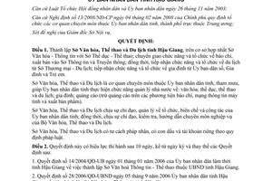 Quyết định 21/2008/QĐ-UBND thành lập Sở Văn hóa Thể thao Du lịch tỉnh Hậu Giang