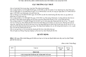 Quyết định 4640/QĐ-CT-THNVDT  bổ sung, điều chỉnh bảng giá tối thiểu các loại xe ô tô