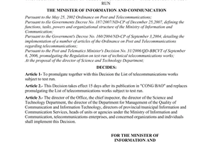 Decision No. 26/2008/QD-BTTTT of April 22, 2008, promulgating the list of telecommunications works subject to test run.