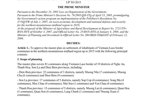 Decision No. 49/2008/QD-TTg of April 22, 2008, approving the master plan on settlement of inhabitants of Vietnam-Laos border communes in the northern mountainous midland region up to 2015