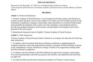 Decree No. 53/2008/ND-CP of April 22, 2008, defining the functions, tasks, powers and organizational structure of Vietnam academy of social sciences.