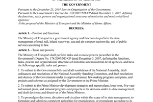 Decree of Government No. 51/2008/ND-CP of April 22, 2008 defining the functions, tasks, powers and organizational structure of the ministry of transport