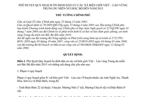 Quyết định  49/2008/QĐ-TTg  phê duyệt Quy hoạch ổn định dân cư các xã biên giới Việt – Lào vùng Trung du miền núi Bắc Bộ đến năm 2015