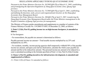 Circular No. 33/2008/TT-BTC of April 23, 2008, amending and supplementing the Finance Ministrys Circular No. 119/2005/TT-BTC of December 22, 2005, which guides financial regulations applicable to Dung Quat economic zone.