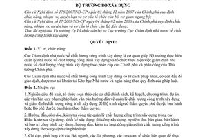 Quyết định 590/QĐ-BXD  quy định chức năng, nhiệm vụ, quyền hạn và cơ cấu tổ chức của Cục Giám định nhà nước về chất lượng công trình xây dựng