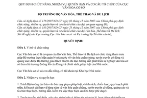 Quyết định  37/2008/QĐ-BVHTTDL  quy định chức năng, nhiệm vụ, quyền hạn và cơ cấu tổ chức của Cục Văn hóa cơ sở