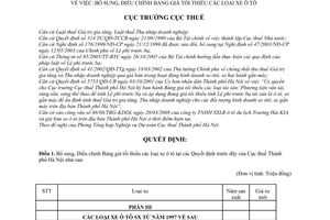 Quyết định  4875/QĐ-CT-THNVDT bổ sung, điều chỉnh bảng giá tối thiểu các loại xe ô tô