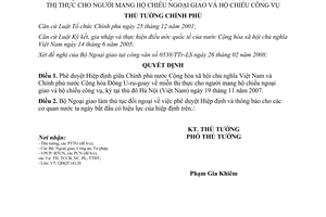 Quyết định 50/2008/QĐ-TTg phê duyệt Hiệp định miễn thị thực người mang hộ chiếu