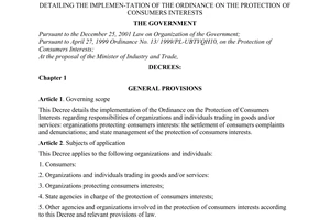 Decree No. 55/2008/ND-CP of April 24, 2008, detailing the implemen-tation of the ordinance on the protection of consumers interests.