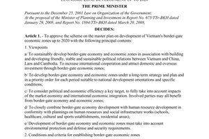 Decision No. 52/2008/QD-TTg of April 25, 2008 approving the scheme on the master plan on Vietnam’s border-gate economic zone development up to 2020