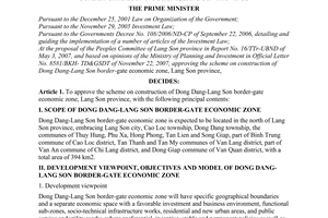 Decision No. 55/2008/QD-TTg of April 28, 2008, approving the scheme on construction of Dong Dang-Lang Son border-gate economic zone, Lang Son province.