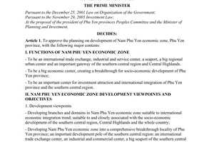 Decision No. 53/2008/QD-TTg of April 28, 2008, approving the planning on development of nam Phu Yen economic zone, Phu Yen province.