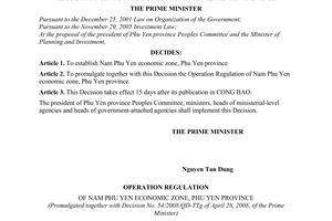 Decision No. 54/2008/QD-TTg of April 28, 2008, on the establishment and the promulgation of the operation regulation of nam Phu Yen economic zone, Phu Yen province.