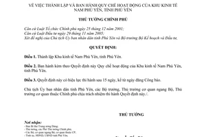 Quyết định  54/2008/QĐ-TTg thành lập và ban hành Quy chế hoạt động của Khu kinh tế Nam Phú Yên, tỉnh Phú Yên