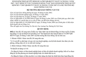 Quyết định  07/2008/QĐ-BGTVT  sửa đổi “Quy định vận tải khách bằng ô tô theo tuyến cố định, hợp đồng và vận tải khách du lịch bằng ô tô”