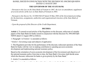 Decision No. 12/2008/QD-NHNN of April 29, 2008, on the amendment of several articles of the regulation on the discount, rediscount of valuable papers of the State Bank for banks, issued in conjunction with the Decision No. 898/2003/QD-NHNN of August 12th, 2003.