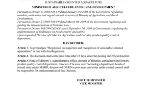Decision No. 56/2008/QD-BNN of April, 29th 2008, on promulgation of regulation on inspection and recognition of sustainable-oriented aquaculture