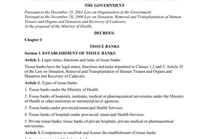 Decree No. 56/2008/ND-CP of April 29, 2008, stipulating the organization and operation of tissue banks and the national coordination center for human organ transplantation.