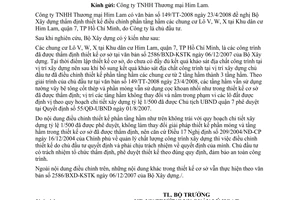 Công văn  177/BXD-HĐXD Điều chỉnh thiết kế phần tầng hầm các chung cư Lô V, W, X tại Khu dân cư Him Lam