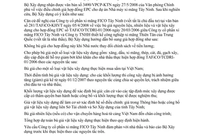 Công văn  1014/BXD-KTXD Bù giá hợp đồng EPC cho dự án Nhà máy Xi măng Tây Ninh do giá vật liệu xây dựng tăng cao