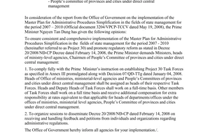 Official Dispatch No. 3335/VPCP-TCCV of May 22, 2008, announcing the Prime Minister’s opinion on the implementation of Project 30, Government Decree 20/2008/NĐ-CP