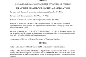 Decision No. 51/2008/QD-BLDTBXH model charter of Vocational colleges 2008