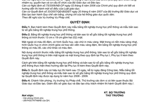 Quyết định 25/2008/QĐ-BGDĐT mẫu bằng tốt nghiệp trung học phổ thông và mẫu bản sao từ sổ gốc bằng tốt nghiệp trung học phổ thông