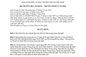 Quyết định 52/2008/QĐ-BLĐTBXH Điều lệ mẫu trường trung cấp nghề