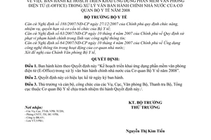 Quyết định 1559/QĐ-BYT Kế hoạch triển khai ứng dụng phần mềm văn phòng điện tử (E-Office) trong xử lý văn bản hành chính nhà nước của Bộ Y tế  2008