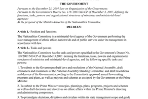 Decree No. 60/2008/ND-CP of May 9, 2008, defining the functions, tasks. powers and organizational structure of the nationalities committee.