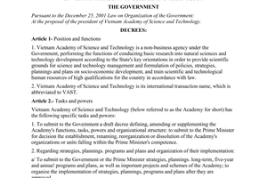 Decree No. 62/2008/ND-CP of May 12, 2008, defining the functions, tasks. powers and organizational structure of Vietnam academy of science and technology.
