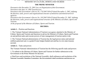 Decision No. 63/2008/QD-TTg of May 19, 2008 defining the functions, tasks, powers and organizational structure of The Vietnam national administration of tourism under the ministry of culture, sports and tourism
