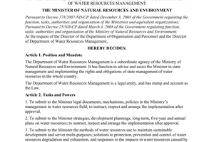 Decision No,. 1035/QD-BTNMT of May 19, 2008, on the mandate, tasks, powers and organisation of the Department of Water Resources Management