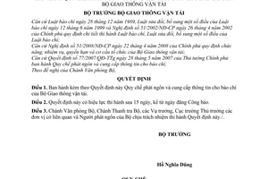 Quyết định 08/2008/QĐ-BGTVT quy chế phát ngôn và cung cấp thông tin cho báo chí của Bộ Giao thông vận tải