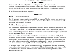 Decree of Government No.65/2008/ND-CP of May 20, 2008 defining the functions, tasks, powers and organizational structure of The Government inspectorate