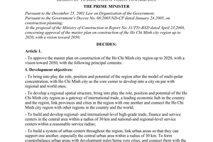 Decision No. 589/QD-TTg of May 20, 2008 approving the master plan on construction of The Ho Chi Minh City region up to 2020, with a vision toward 2050